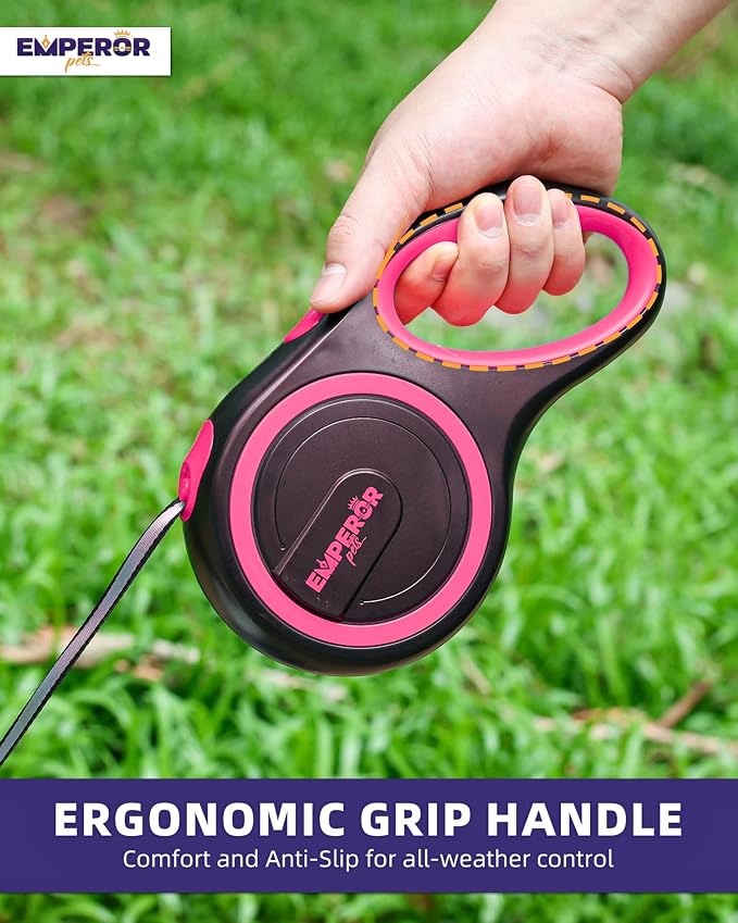 Emperor Pets Pink Heavy Duty Retractable Dog Leash 26 ft – Tangle-Free Nylon Tape, Anti-Slip Grip, Reflective – Retractable Leash for Medium Large Dogs up to 110 lbs -Classic-PK26