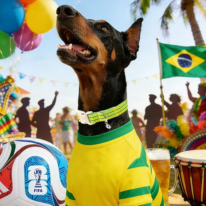 World Cup Brazil Dog Collar with Soccer Pendant, 5-Star Champion Pattern for Extra Large Girl Boy Dogs, Brazil Jersey Style, Adjustable Soft Durable Collar Gift for Male Female Puppy