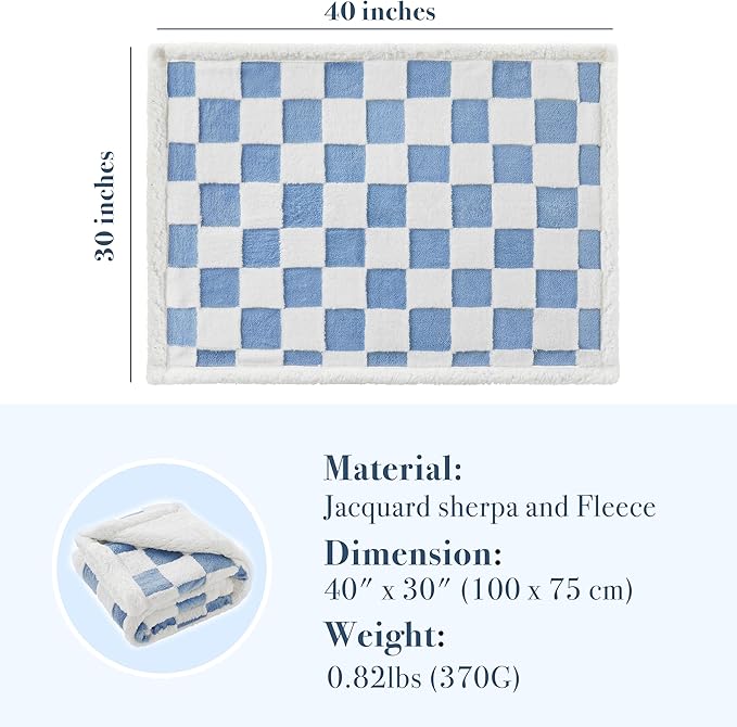 Ohocut Checkered Dog Blanket, Blue Jacquard Sherpa Blankets for Small Dog and Cats, Cute Aesthetic Style Fluffy Fleece Pets Blanket for Couch Protection Washable, 30"x40"