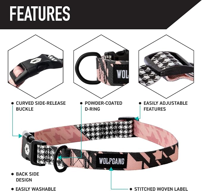 Wolfgang Heavy Duty, Adjustable Dog Collar with Quick Release Nylon Buckle for Walking & Training, HoundsPink Print, Large