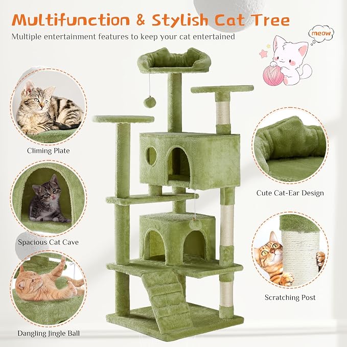 Sweetcrispy 54 Inch Cats Tree Tower, Multi-Level with Cat Scratching Post, Indoor Cat Condo with Climbing Ladder, Plush Toy, Play House for Cats, Green