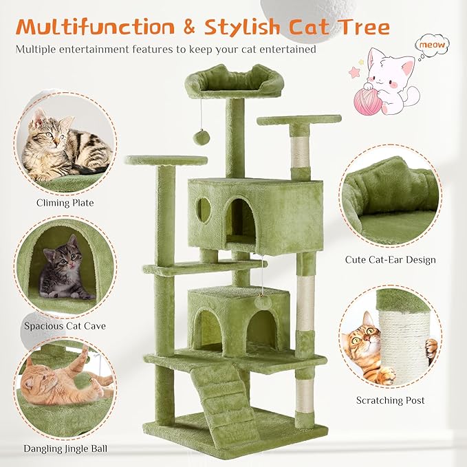 DUMOS 54 Inch Cat Tree Tower, Indoor Multi-Level Pet House for Large Cats Tree with 2 Condos, Scratching Posts, Round Platform, Small Ladder, and Toys, Green