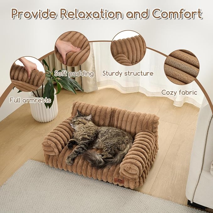Hollypet Fluffy Dog Cat Bed Pet Couch Beds Plush Soft Warming Machine Washable Puppy Bed with Non-Slip Bottom for Cats and Small Medium Dogs up to 25 lbs, Brown, 24" L x 18" W x 10" Th