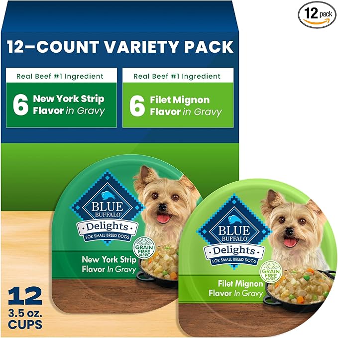 Blue Buffalo Delights Variety Pack Natural Grain Free Wet Dog Food for Small Breed Dogs (Filet Mignon Flavor & New York Strip Flavor) in Gravy with Natural Ingredients, 3.5-oz. Each (12 Cups)