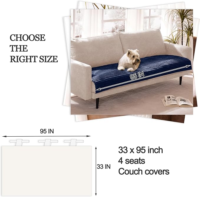 Dual Non-Slip Couch Cover for Dogs Waterproof, Fuzzy Soft Pet Couch Covers for Sofa 3 Cushion, Pet Friendly Soft Dog Bed Covers Sofa Cover Washable (Navy Blue, 33" x 95" 1 Pack)