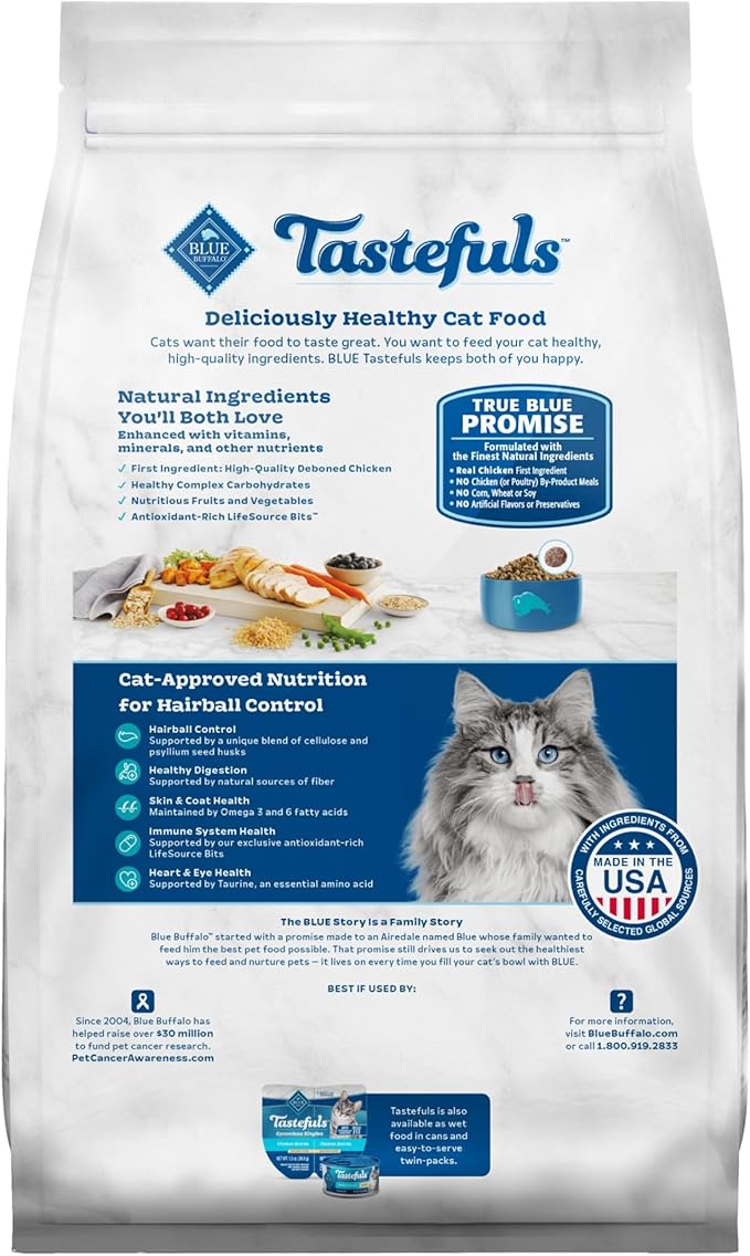 Blue Buffalo Tastefuls Chicken & Brown Rice Recipe Adult Dry Cat Food Hairball Control, Real Chicken First, Deliciously Healthy Natural Cat Food, Supports Digestive Care and Coat Health, 7 lbs.