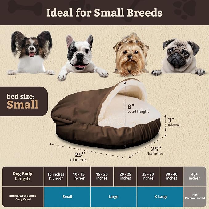 Snoozer Cozy Cave Dog Bed - Indoor Dog Bed with Cover Cave, Covered Calming Burrow for Small Sized Pets with Blanket Attached, Enclosed, Removable Washable Cover - Small, Hot Fudge