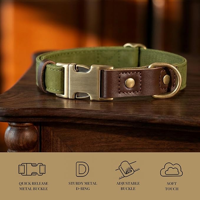 Didog Soft PU Leather Dog Collar for Large Dogs,Classic Adjustable Wide Dog Collars with Quick Release Metal Buckle,Easy Clean and Comfortable with Nylon Lining,Olive Green,XL Neck 20-27", Width 1¼"