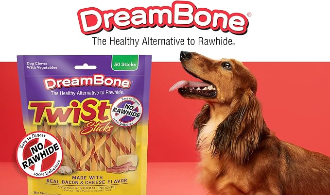 DreamBone Bacon and Cheese Twist Stick Dog Treats, Daily Rawhide-Free Chew, Digests Safely and Completely, With Real Protein, Bacon, Cheese and Veggies, 50 count