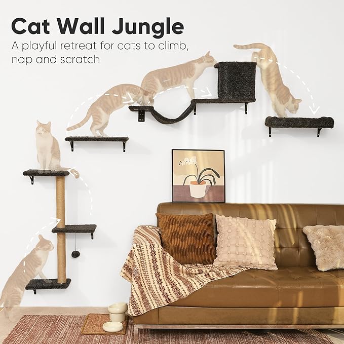 FUKUMARU Cat Wall Shelves, Stable & Safe 5 in 1 Cat Walls Furniture Set, Wooden Kitten Climbing Wall with Scratching Post for 16 Inch Drywall - Gray