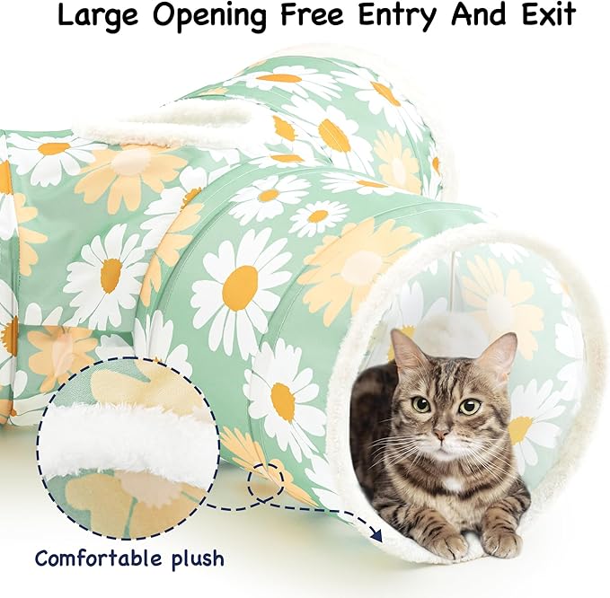 Tempcore Cat Tunnel for Indoor Cats, 3 Way Collapsible Pet Play Tunnel with Teaser Wand, Peek Holes & Hanging Ball, Interactive Tube for Kittens & Rabbits, Daisy Green Printed