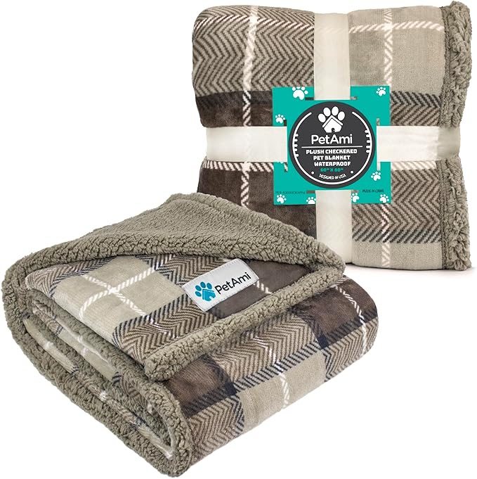 PetAmi Waterproof Dog Blanket for Couch, Pee Proof Sherpa Fleece Reversible Pet Throw, Furniture Protector for Bed Sofa Kennel, Soft Washable Cover for Small Medium Dog Puppy Cat, 29x40 Plaid Taupe