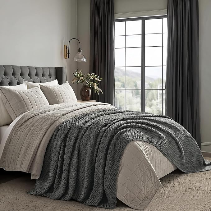 EVERGRACEHOME Chunky Polyester Knit Throw Blanket for Couch, Soft Luxurious Oversized King Moss Stitch Blanket for Bed, Large Cozy Farmhouse Knitted Throw for Sofa, Charcoal Gray, 108" x 92"