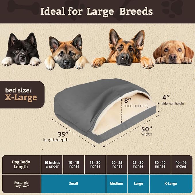 Snoozer Rectangle Cozy Cave Dog Bed - Indoor Dog Bed with Cover Cave, Covered Calming Burrow for Large Sized Pets with Blanket Attached, Enclosed, Washable Cover - XL, Anthracite
