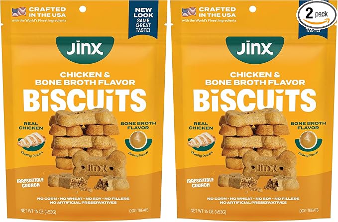 Jinx Oven-Baked Chicken Bone Broth Biscuit Treats, Crunchy, All Natural, Superfood-Rich with Real Chicken, Pumpkin & Blueberries, 16oz (Pack of 2)
