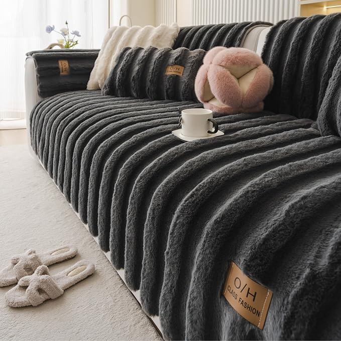 Fuzzy Rabbit Plush Sofa Cover Thick Soft Fur Sectional Couch Cover Furry Fluffy Cushion Cover Non-Slip Sofa Slipcovers Vertical Stripe Furniture Protector for Dogs Cats(Dark Grey,28"x82")