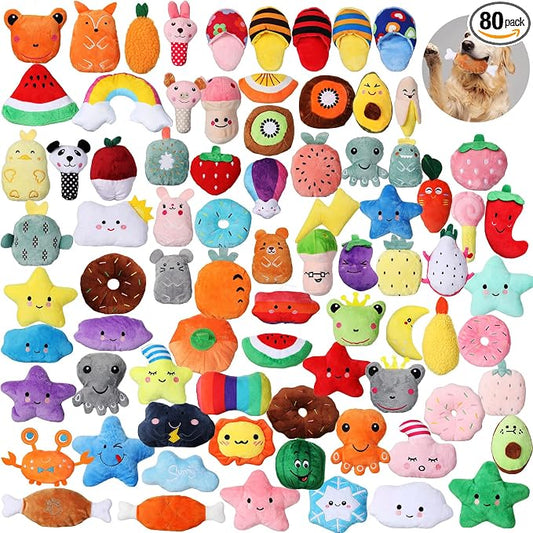 Hungdao 80 Pcs Dog Squeaky Toys Bulk for Small Dog Cute Plush Stuffed Puppy Chew Teething Toys Pet Bundle Easter Gift for Chewing Cleaning & Interactive Play