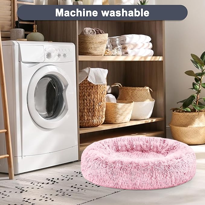 ELSKER&HOME Calming Dog Bed,Donut Washable Warming Soft Round 39 inches Dog Beds for Large Dogs,Anti-Anxiety Fluffy Plush Cushion Bed Fits up to 120 lbs Pets,Pink