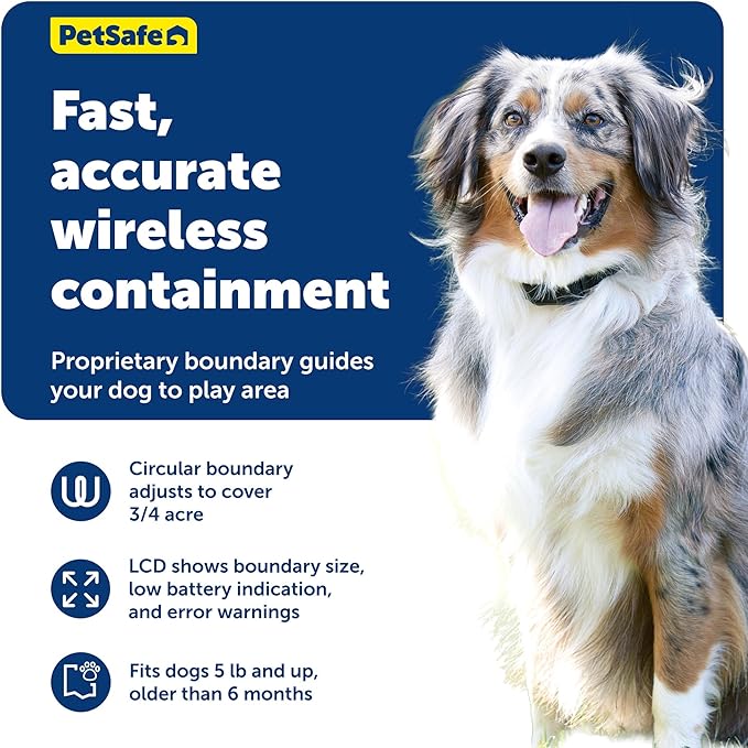 PetSafe Stay & Play Compact Wireless 2-Dog Fence, LCD Screen to Adjust the Circular Boundary, Secure up to 3/4 Acre Area, Use for All Your Pets, Portable System