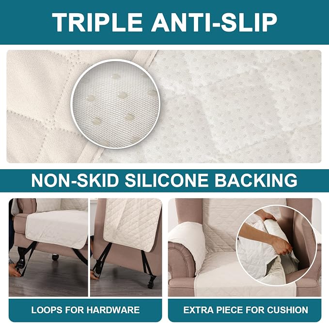 Turquoize 100% Waterproof Wing Chair Cover Wing Armchair Slipcovers Chair Couch Protector Triple Non-Slip Sofa Slipcover for Wing Chair Furniture Protector for Pets, Kids,Dog (Wing Chair, Ivory)