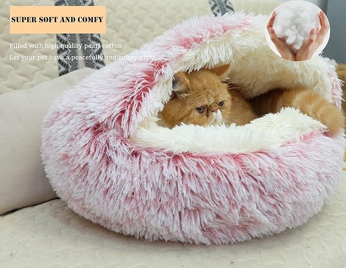 ZaneSun Calming Round Dog Bed & Cat Cave with Hooded Cover, Plush Fluffy Anti-Anxiety Cat Bed, Waterproof Bottom Washable (Pink, 20x20inch)