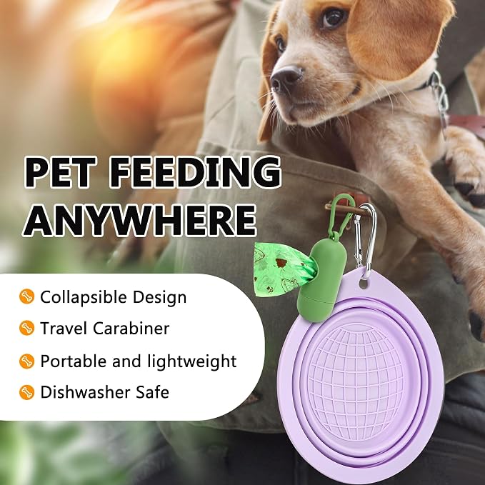 3 Pack Collapsible Dog Bowls,Pet Bowls with Pet Poop Bag Dispenser Set,Portable Silicone Travel Dog Bowls for Walking,Hiking,Camping,Outdoor Travel(Pink&Purple)