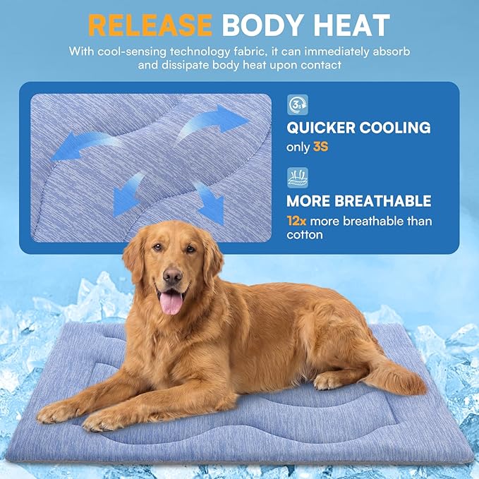 Queenmore Cooling Dog Mat for Dogs, Washable Dog Cooling Mat Indoor Outdoor, Non-Slip Portable Kennel Puppy Bed for Summer, Keep Your Pet Cool (Blue Wave, Large(35" x 27"))