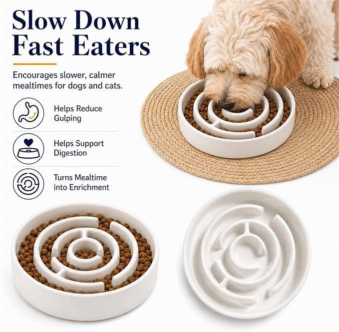 Ceramic Slow Feeder Dog Bowls with Anti-Slip, Slow Feeder & Non-Slip Design, Boredom and Anxiety Reducer, Suitable for All Breed Dogs and Cat (Ceramic-White)