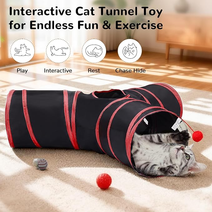 Tempcore Cat Tunnel for Indoor Cats, 3 Way Collapsible Pet Play Tunnel with Teaser Wand, Peek Holes & Hanging Ball, Interactive Tube for Kittens & Rabbits, Black & Red
