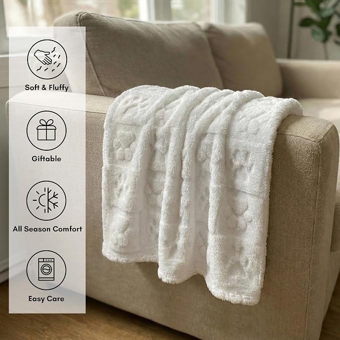 Americanflat 30x40 Jacquard Fleece Throw Blanket - Soft and Breathable Pet Blankets for Couches, Bed, Chair - Fleece Blanket for Home, Bedroom, or Outdoor - Cream Paw Print Blankets for Dogs or Cats