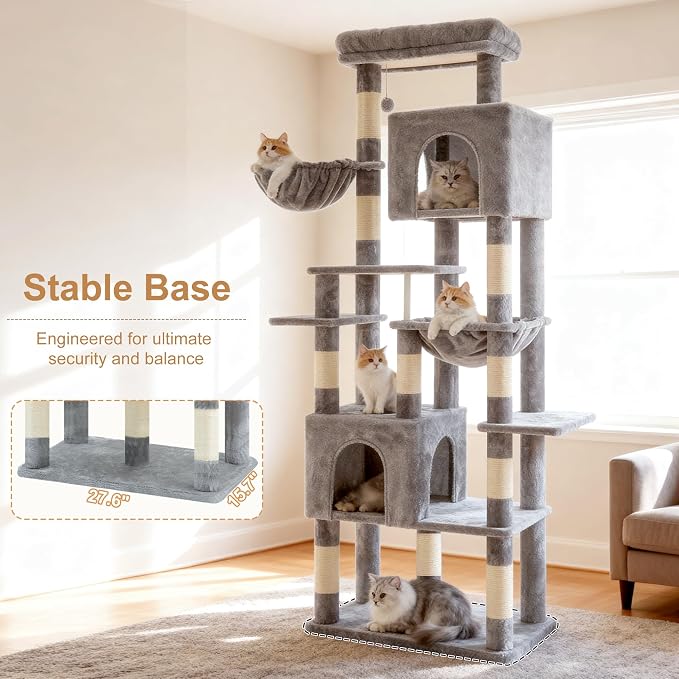 Heybly Cat Tree, 76-Inch Tall Heavy Duty Cat Tower for Big Cats with Extra Wide Baseboard, Multi-Level Large Cat Furniture with 2 Condos & 2 Hammocks, 10 Scratching Posts, Light Gray HCT039W