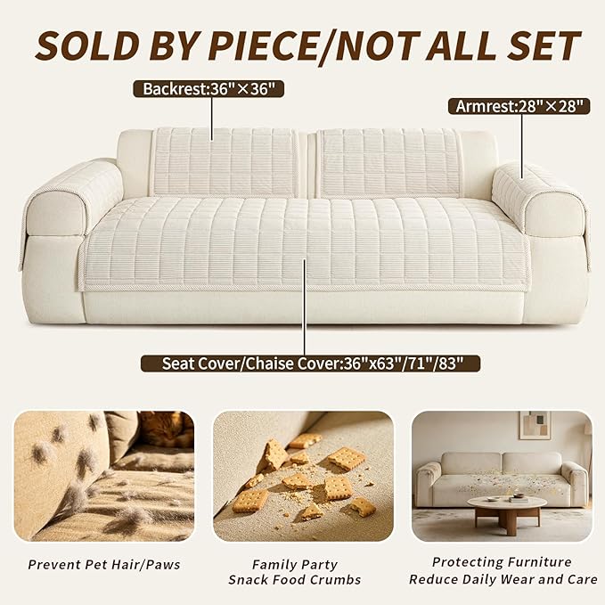 Velvet Couch Covers for Sectional Sofa Washable, Non-Slip L Shaped Sectional Couch Cover, Soft Pet Couch Covers for Sofa, Furniture Slipcovers for Loveseat(1PC,35"x63",Beige White)