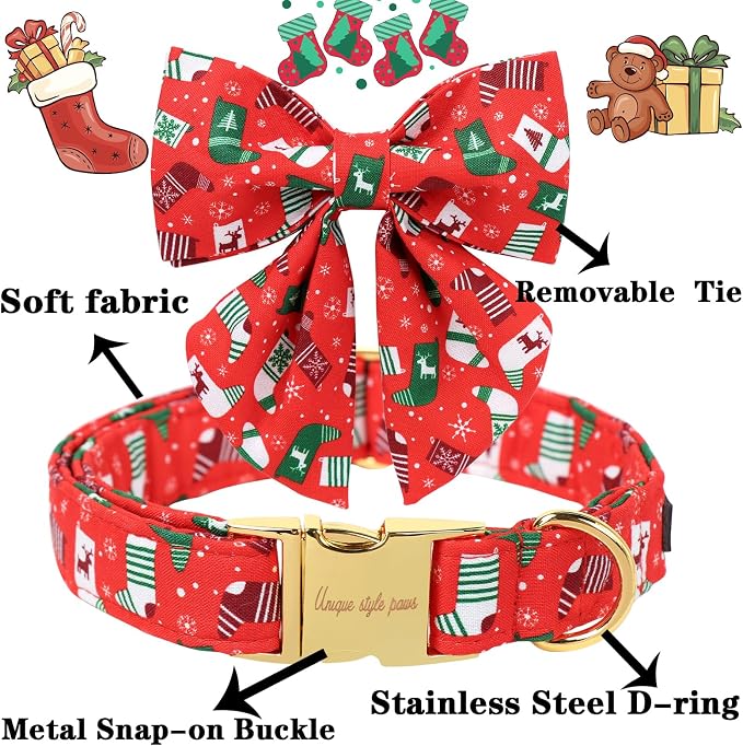 Unique Style Paws Christmas Day Dog Collar with Bowtie Christmas Socks Cotton Puppy Collars for Small Medium Large Dogs