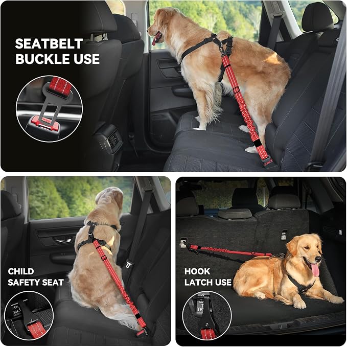 Pawaboo Dog Seat Belt Harness for Car, Dog Car Harness Seatbelt with Double Clips, Adjustable Breathable Pet Vest & Dogs Safety Tether with Elastic Bungee for Small Medium Large Pet, S, Red+Black