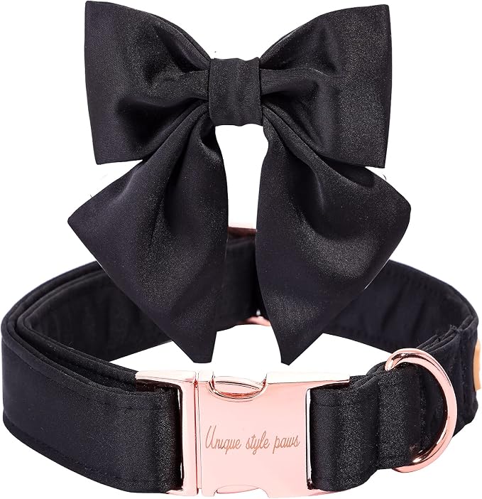 Unique style paws Silk Black Dog Collar with Bow, Adjustable, Durable, for Medium Dogs