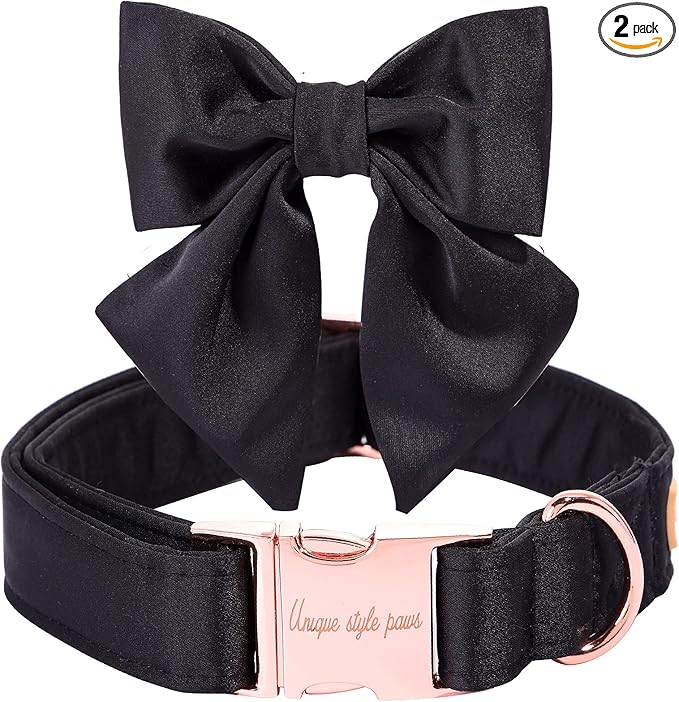 Unique Style Paws Silk Black Color Adjustable Durable Dog Collar with Bow Wedding Bow Tie for X-Small Puppy and Cats