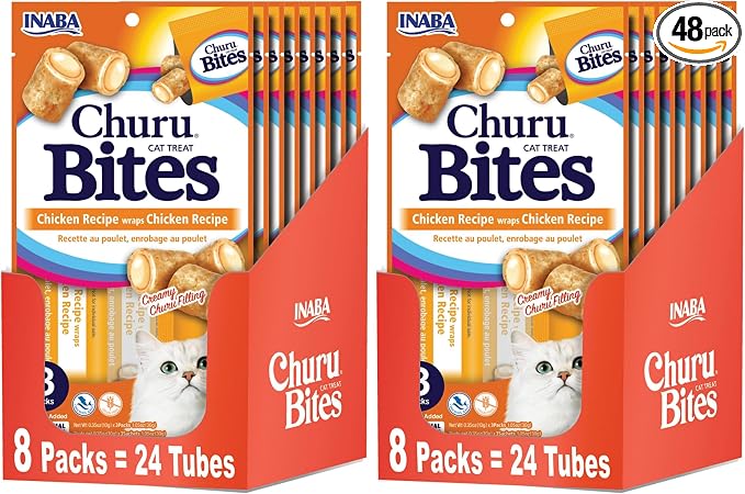 INABA Churu Bites for Cats,Grain-Free,Soft/Chewy Baked Chicken Wrapped Churu Filled Cat Treats with Vitamin E,1.05,(Pack of 16)