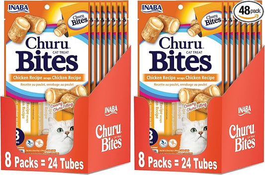 INABA Churu Bites for Cats,Grain-Free,Soft/Chewy Baked Chicken Wrapped Churu Filled Cat Treats with Vitamin E,1.05,(Pack of 16)