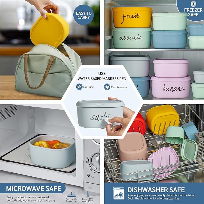 ISSEVE 12Pcs/Set Nesting Silicone Food Storage Containers with Lids, BPA Free Reusable Meal Prep Silicone Containers Airtight, Freezer Dishwasher Safe (33.8oz, 20oz, 10oz, 6.7oz, 1.3oz) (Grey)