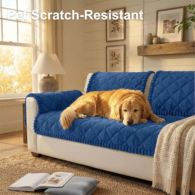 Smiry Couch Cover for Dogs, Non Slip Washable Pet Sofa Protector for Large Dogs, Cats, Fuzzy Plush Sofa Covers for 2 Cushion Couch, Against Fur, Dirt & Scratch Resistant, Navy, 27.6"×59"