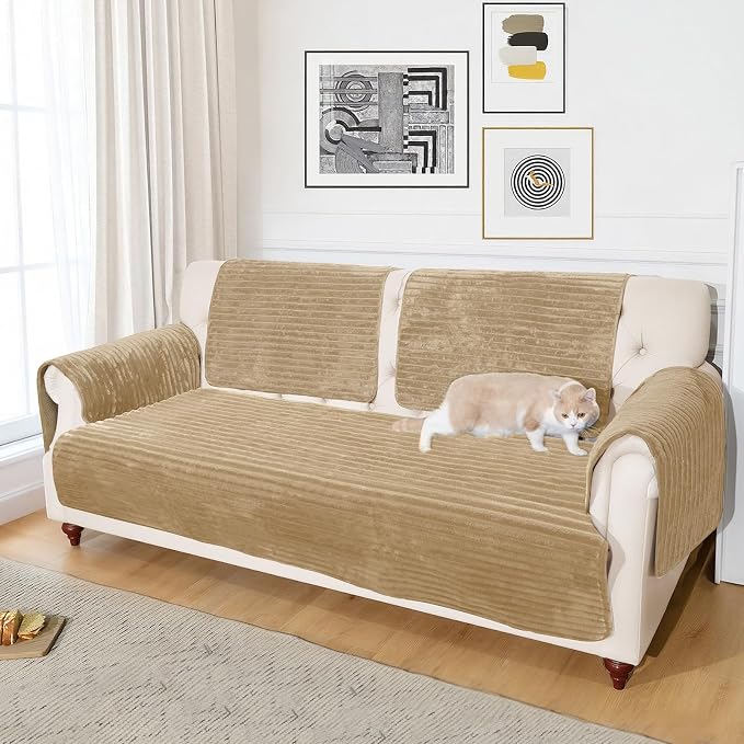 NAISI Couch Covers for Dogs Waterproof Flannel Striped Sofa Cover Pet Friendly Washable Dog Mat for Couch Anti Slip Sectional Sofa Slipcover Protector(1pc/35"x 63",Camel)