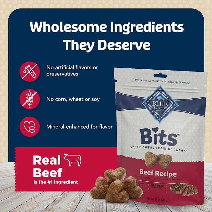 Blue Buffalo Bits Beef Soft & Chewy Dog Treats, Bite-Sized for Training, Made with Real Beef & Enhanced with DHA, Heart-Shaped Dog Treats, Made in the USA with Natural Ingredients, 19 oz.
