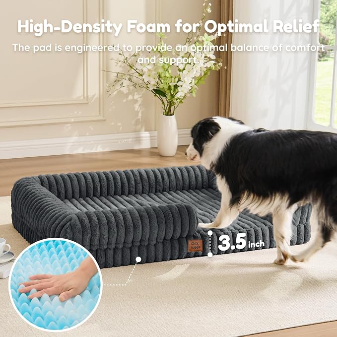 Orthopedic Dog Bed for XL Dogs, Washable Dog Bed with Faux Rabbit Fur Waterproof Cover, High Density Egg Crate Foam Support with 3-Sided Bolsters for Senior Dogs, Non-Skid Bottom, 41x30x7, Dark Grey