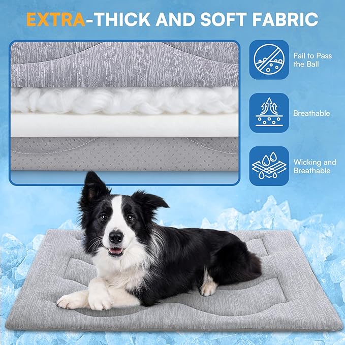 Queenmore Large Dog Cooling Mat for Dog, Portable Flat Pet Bed for Dogs and Cats, Non-Slip Summer Pet Sleeping Mat, Machine Washable, Dogs Cooling Pad Indoor (Grey Wave, XLarge(43" x 31"))