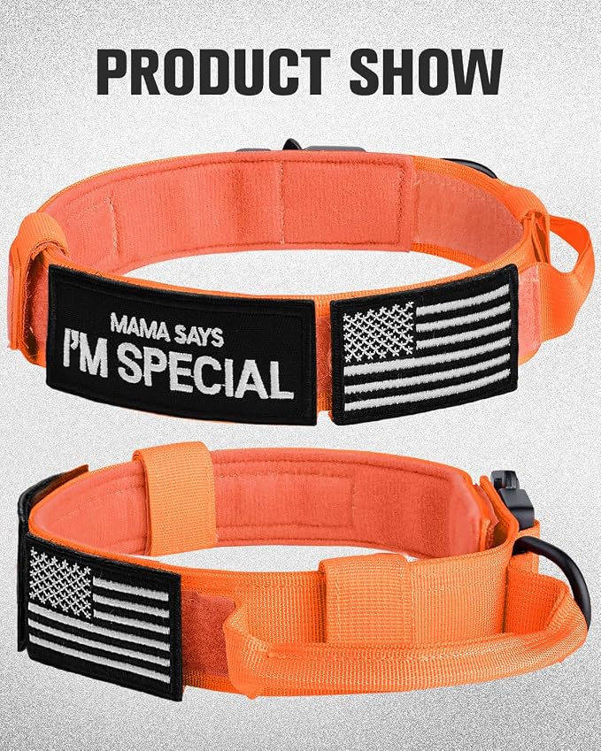 Joytale Tactical Dog Collar with Handle and Metal Buckle, Heavy Duty Padded Military Collar with 2 Patches for Training, Adjustable for Large Dogs, Orange, L