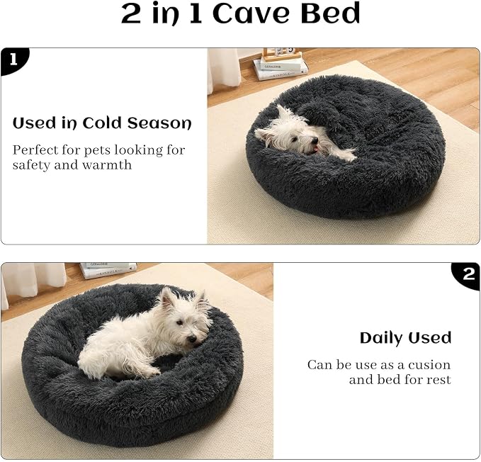 Calming Donut Dog Bed with Hooded Blanket – Plush Fluffy Cave Bed for Small & Medium Dogs, Machine Washable Anti-Anxiety Pet Bed for Cats