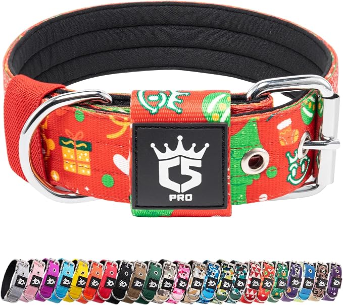 TSPRO Tactical Dog Collar 1.5 Inch Wide Thick Dog Collars with Heavy Duty Metal Buckle, Durable, Strong, Adjustable for Medium to Large Dogs (Christmas Red L)