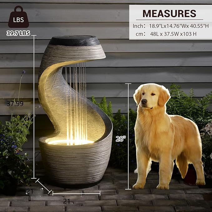 37" S-Shaped Outdoor Water Fountain with LED Lights, Modern Resin Cascading Waterfall Feature for Garden, Patio, Backyard or Porch, Large Decorative Zen Water Feature – 21" L x 21" W x 37.9" H