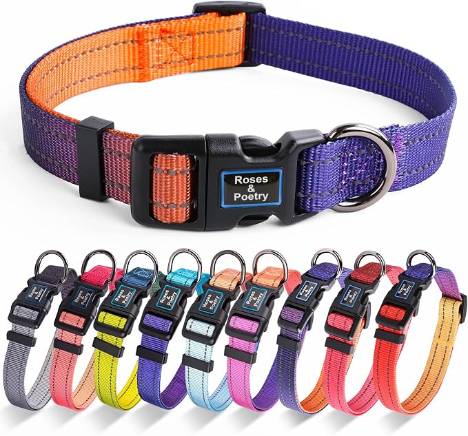 Roses&Poetry Dog Collars for Medium Dogs, Adjustable Durable Pet Reflective Dog Collar for Small Medium Large Dogs(NavyOrange-M)