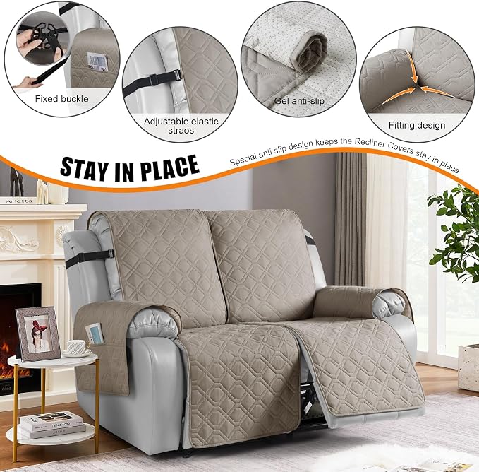 VANSOFY Waterproof Recliner Couch Covers, Sofa Covers 1-Piece Washable Reclining Sofa Cover Non-Slip Furniture Protector with Elastic Straps Pocket for Dogs, Pets(Khaki,Oversized 2 Seater)
